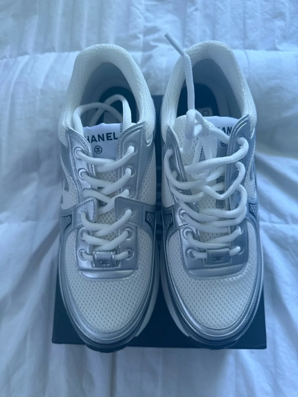 CHANEL Silver & White Mesh Runner Sneakers - Picture 3 of 5
